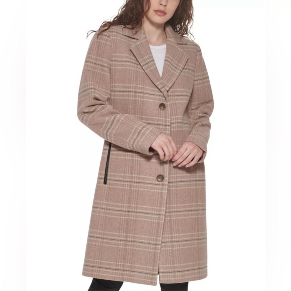 DKNY Plaid Long Coat - Beige Taupe